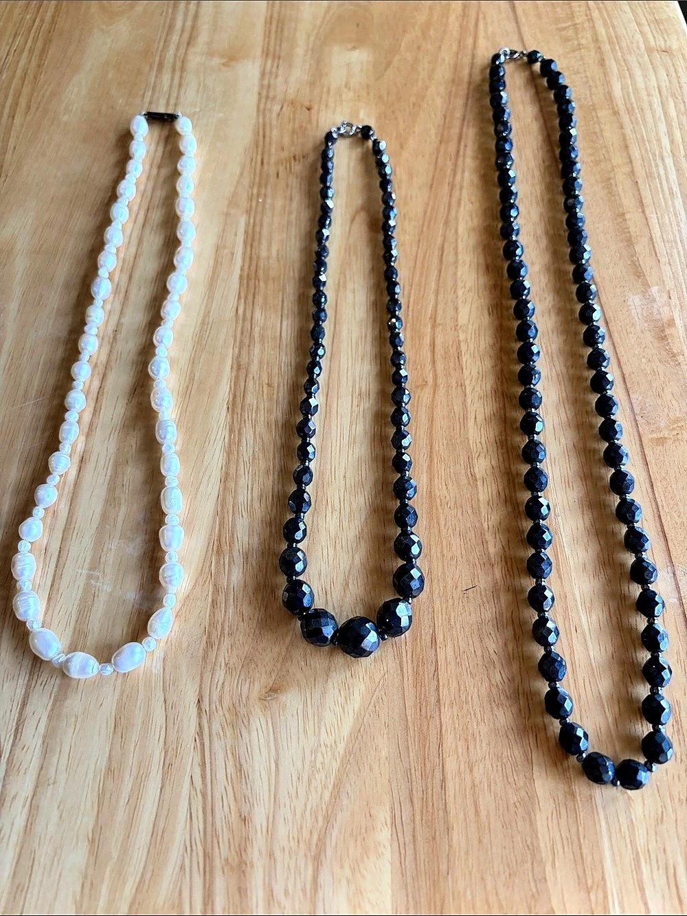 Three Beaded Necklaces-faux freshwater pearls, two lengths of black beads.